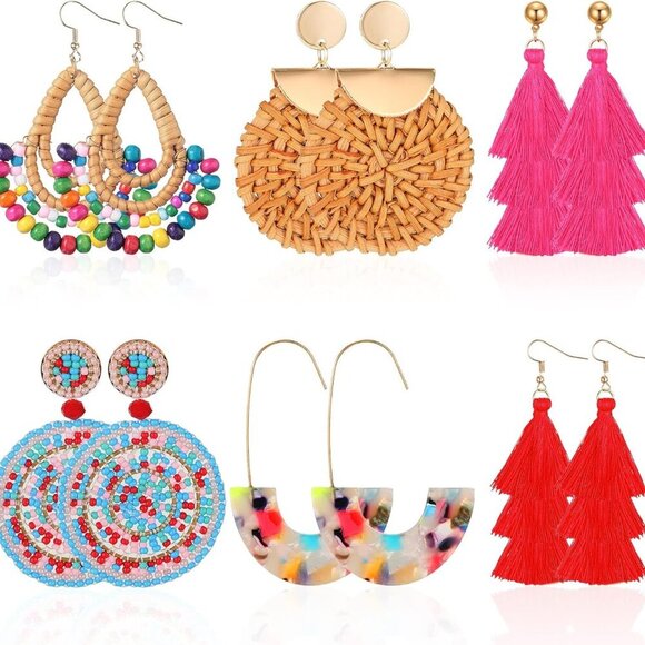 6 Pair Rattan Earrings Straw Tassel Bohemian Earrings for Girl Women Summer Beac - Picture 1 of 6